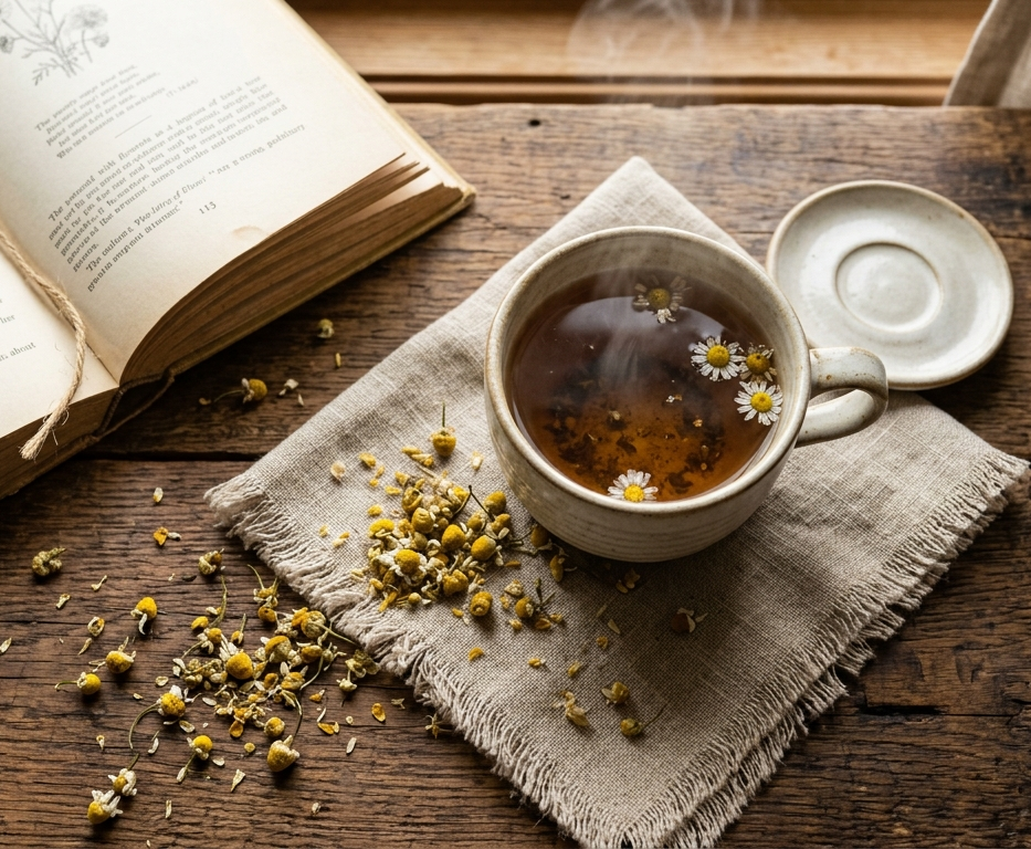 Tazza di tisana alle erbe su un tavolino accanto a un libro aperto in un ambiente domestico rilassante